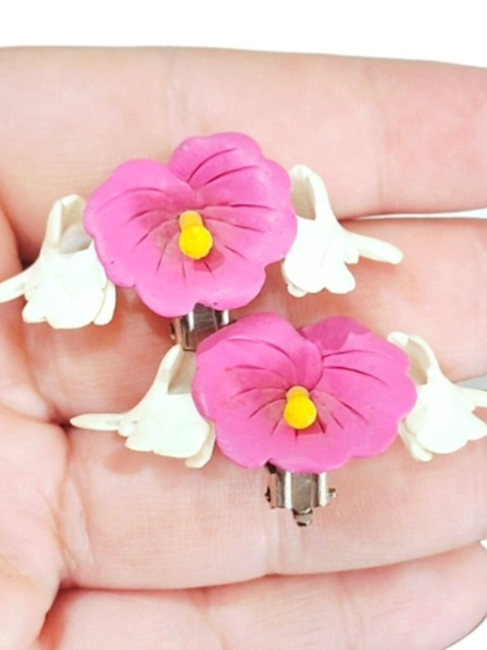 Vintage Fuchsia Hibiscus Blossom Clip On Earrings